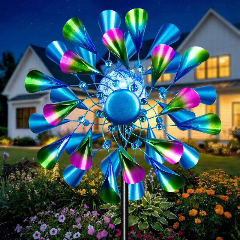 MXwcy 60'' Wind Spinner with Color Glass Ball Solar Lights, Green Peacock Feathers Metal Garden Outdoor Decor Yard Lawn Art Decor for Patio Kinetic Windmills Unique Gifts for Friends and Family - Image 1